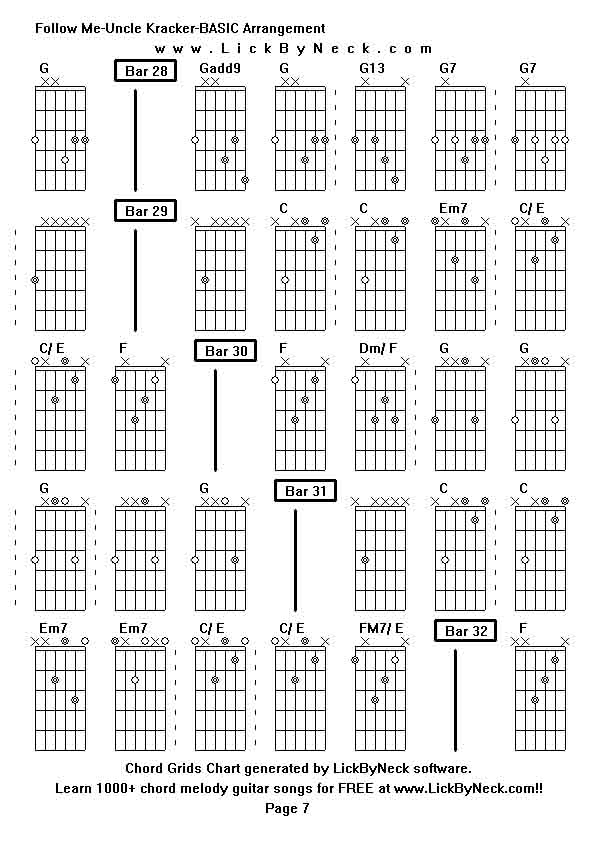 Chord Grids Chart of chord melody fingerstyle guitar song-Follow Me-Uncle Kracker-BASIC Arrangement,generated by LickByNeck software.